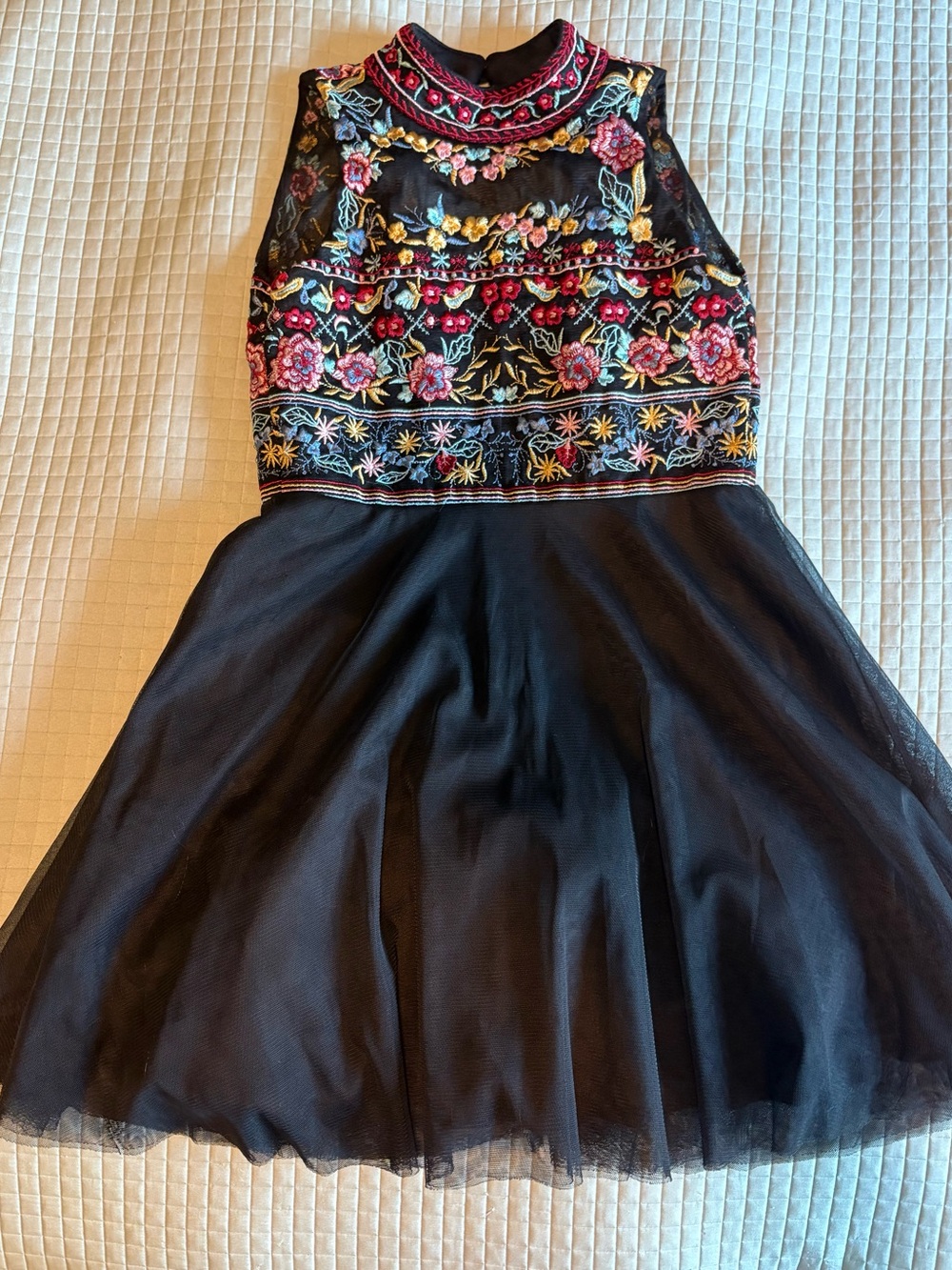 Black Floral Embroidered Tulle Party Dress for Girls